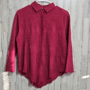 Solitaire Red Burgundy Embroidered Floral Button Down Shirt Size Medium